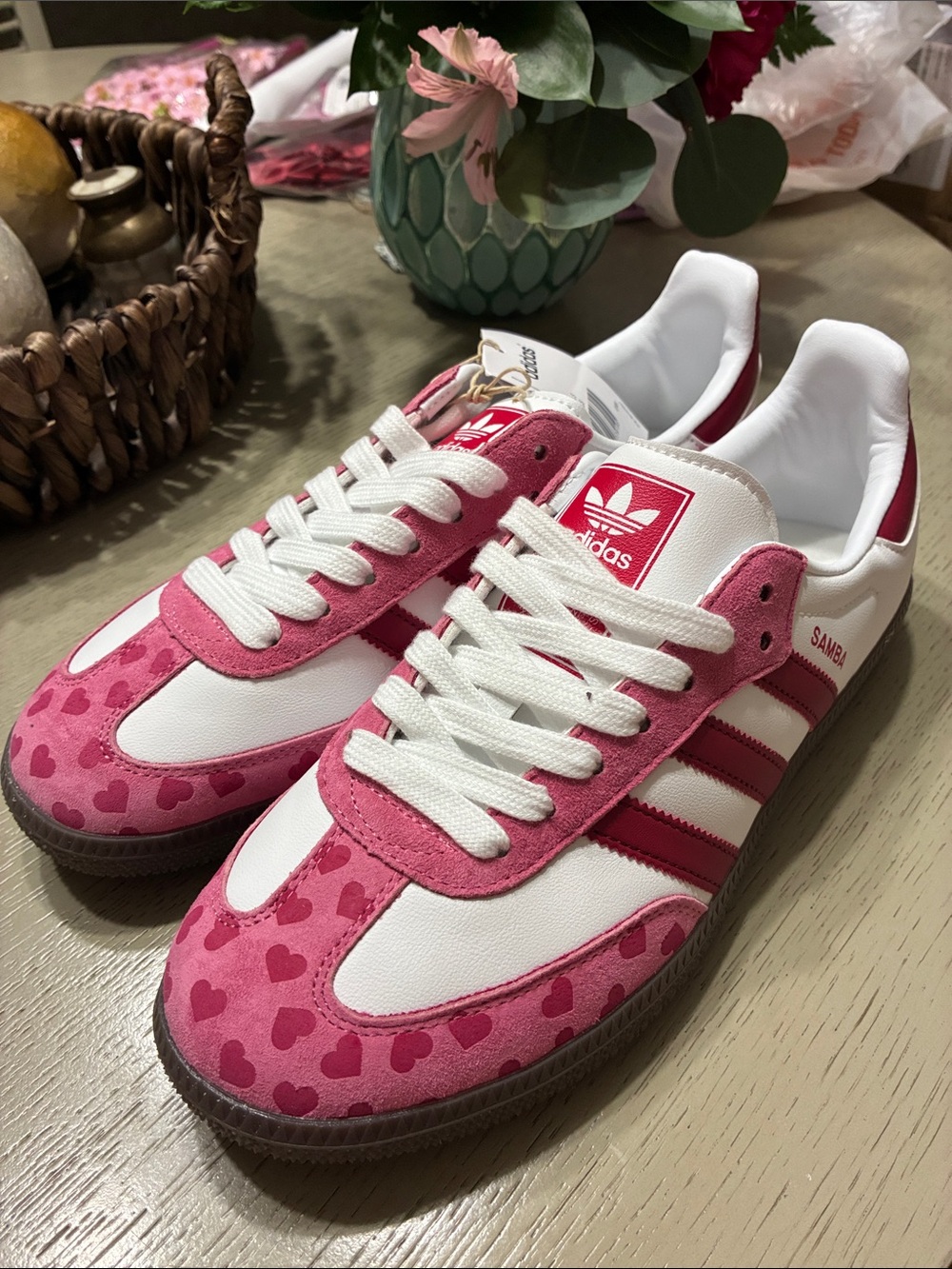 adidas Samba Heart-Print Pink and White Sneakers